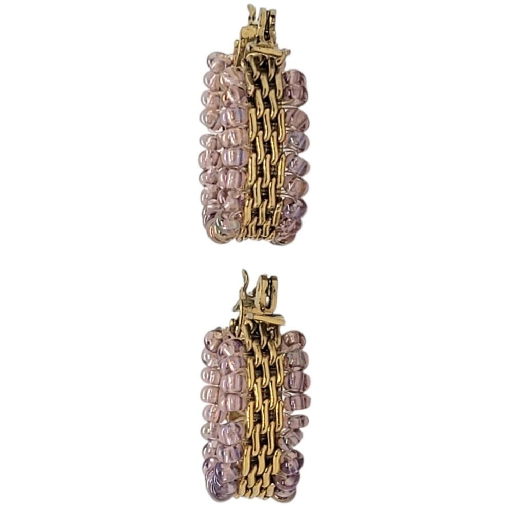 Vintage Gold Tone Woven Mesh Hoop Earrings Pink Purple Seed Bead Bohemian